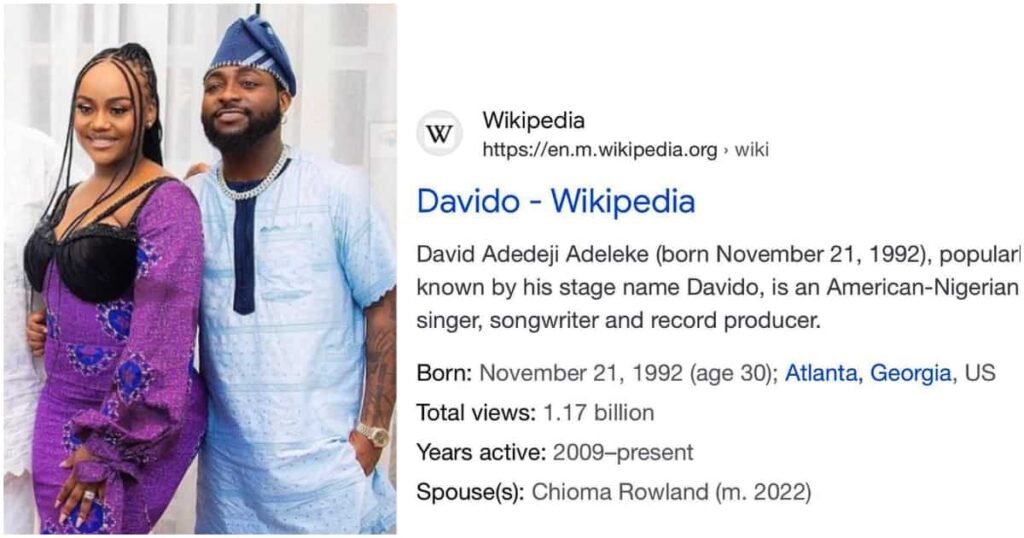 “Assurance Is Assured”: Fans Celebrate As Davido’s Wikipedia Page Gets Updated to Show His Marriage to Chioma – Legit.ng